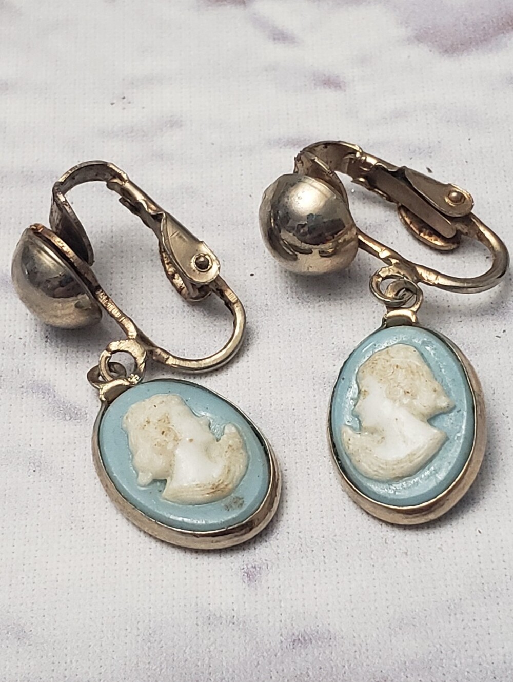 VINTAGE Light Blue Resin Cameo Clip On Victorian Earrings